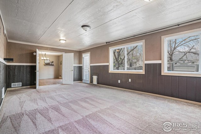 interior space featuring visible vents, wood walls, carpet, and a wainscoted wall
