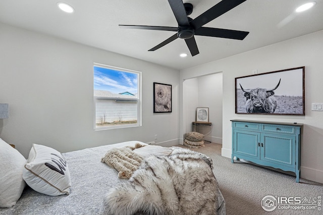 bedroom featuring baseboards, ceiling fan, recessed lighting, and light colored carpet