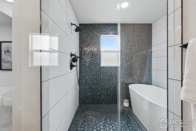 full bath featuring tile patterned floors, a freestanding tub, and a stall shower