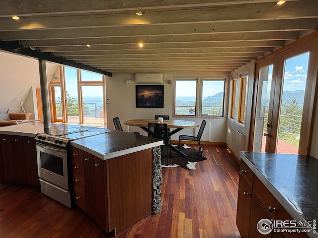 kitchen with dark brown cabinetry, dark wood-style flooring, a wall mounted air conditioner, stainless steel range with electric stovetop, and a mountain view