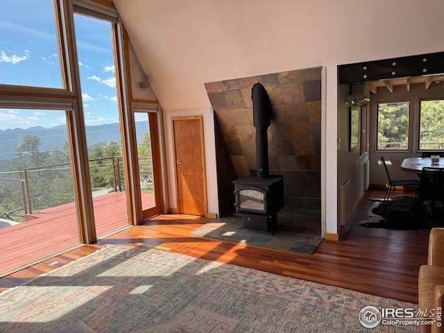 living area featuring vaulted ceiling, a mountain view, wood finished floors, and a wood stove