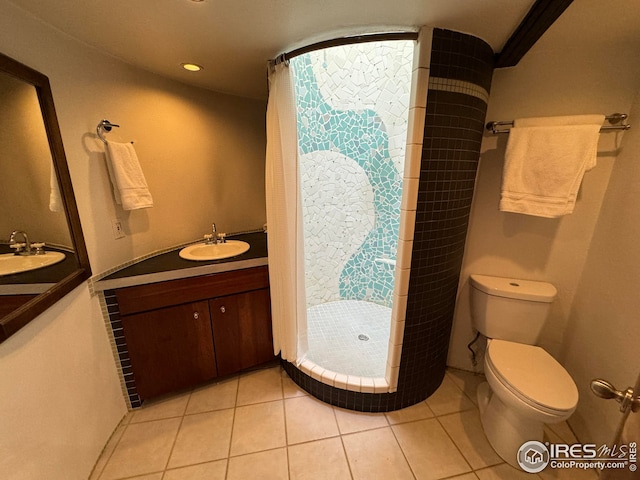 full bathroom featuring vanity, toilet, tile patterned floors, recessed lighting, and a shower stall