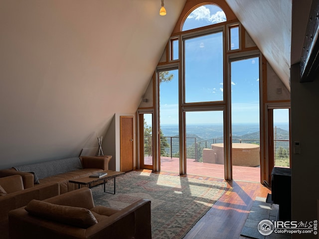 living room with a water view, plenty of natural light, wood finished floors, and lofted ceiling