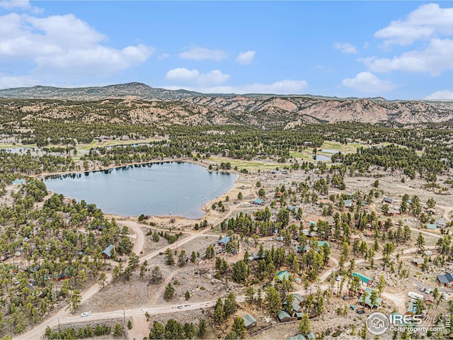 birds eye view of property with a water and mountain view