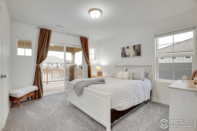 bedroom featuring carpet floors, baseboards, access to exterior, and visible vents