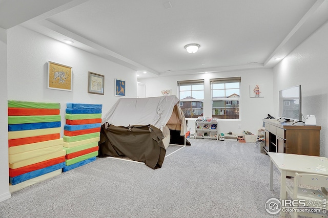 game room with carpet flooring and recessed lighting