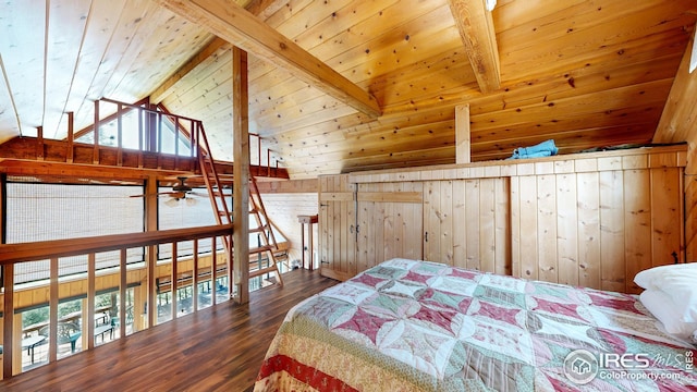 76 Cairn Ct, Drake, CO 80515 - bedroom featuring vaulted ceiling with beams, wood walls, wood finished floors, and wood ceiling