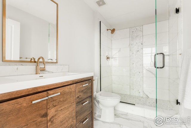 1700 Bassett St Unit 1808, Denver, CO 80202 - bathroom with visible vents, vanity, marble finish floor, toilet, and a stall shower