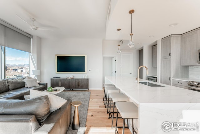 1700 Bassett St Unit 1808, Denver, CO 80202 - kitchen with light stone counters, a sink, light wood-style floors, open floor plan, and a large island with sink
