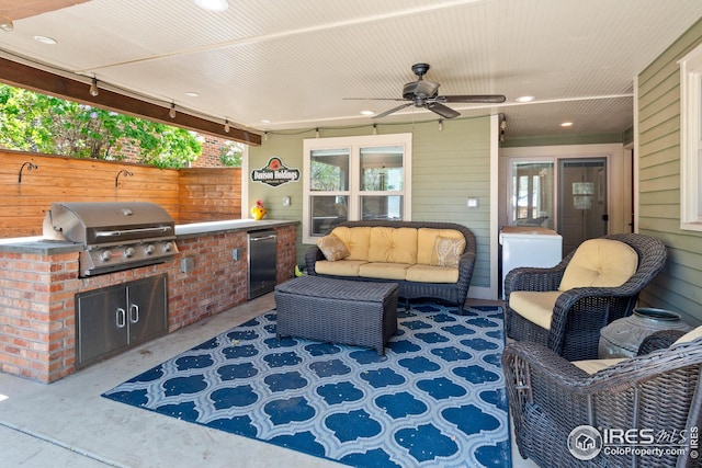 view of patio / terrace featuring fence, area for grilling, an outdoor living space, a ceiling fan, and a grill