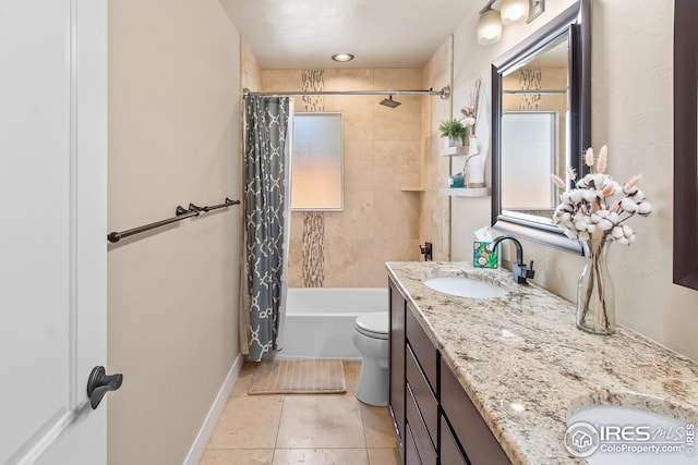 full bath with vanity, baseboards, tile patterned floors, toilet, and shower / bathtub combination with curtain