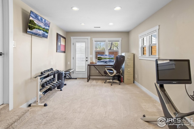carpeted office featuring baseboards and recessed lighting
