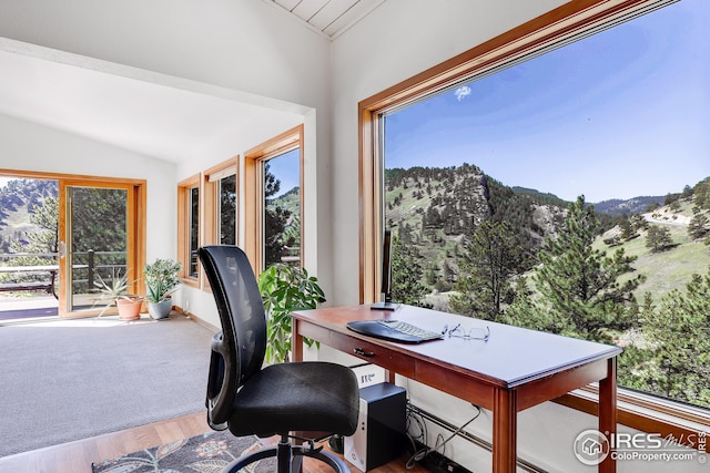 office featuring vaulted ceiling, plenty of natural light, and a mountain view