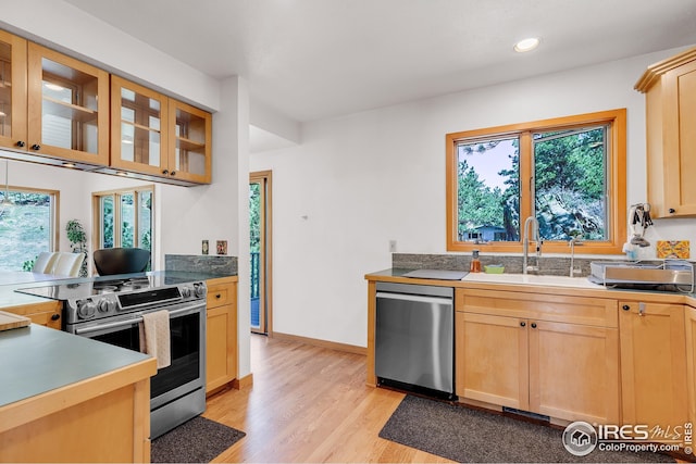 kitchen featuring light brown cabinetry, light wood-type flooring, plenty of natural light, a sink, and appliances with stainless steel finishes
