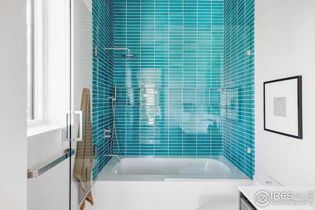 full bathroom with vanity, toilet, and tub / shower combination