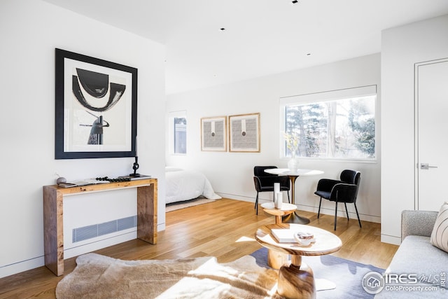 living area with baseboards, wood finished floors, and a wealth of natural light