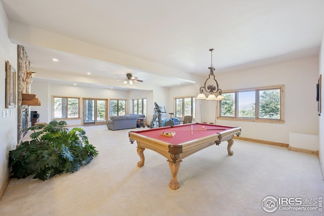 recreation room featuring recessed lighting, carpet, plenty of natural light, and pool table