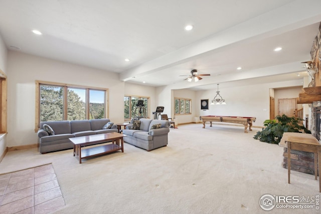 living area with carpet floors, baseboards, recessed lighting, and pool table