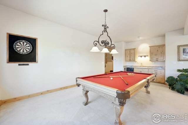 rec room with baseboards, a sink, billiards, and light carpet