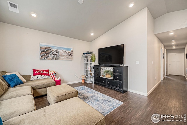 living area with visible vents, wood finished floors, baseboards, lofted ceiling, and recessed lighting