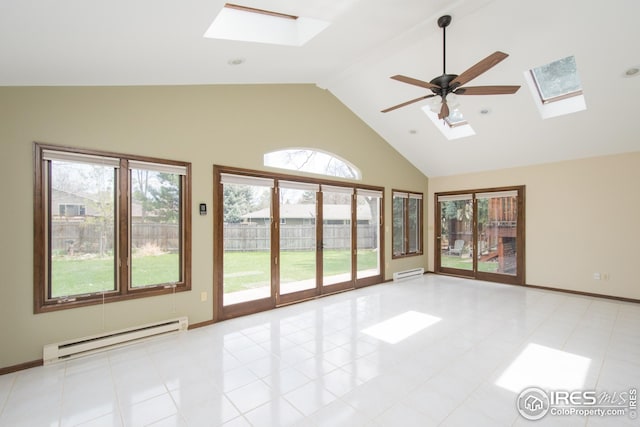 unfurnished sunroom with a skylight, a healthy amount of sunlight, and baseboard heating