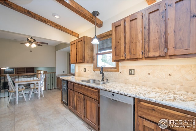 kitchen with a sink, decorative backsplash, beamed ceiling, and dishwasher