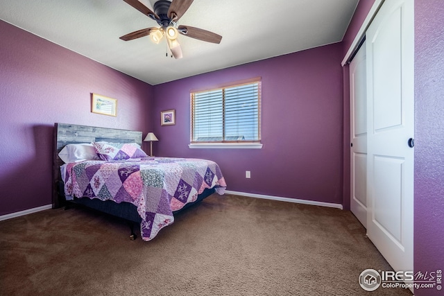 bedroom with baseboards, carpet, and ceiling fan