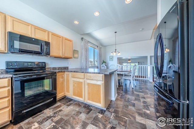 kitchen with light brown cabinetry, a peninsula, stone finish flooring, vaulted ceiling, and black appliances