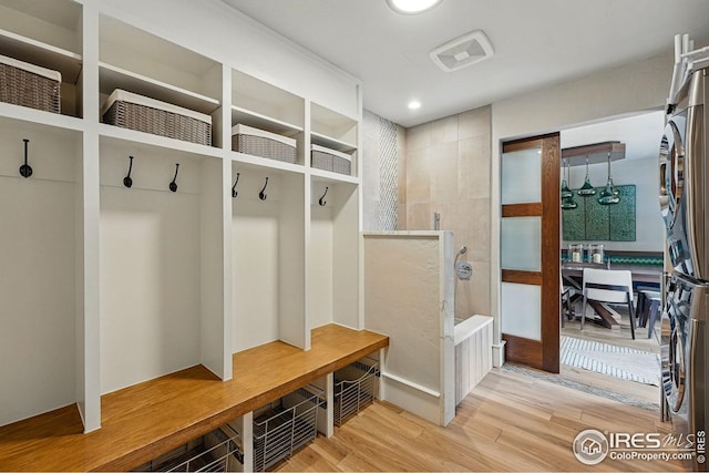 mudroom featuring recessed lighting, visible vents, and light wood finished floors