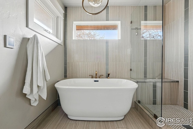 bathroom featuring a freestanding tub and a shower stall