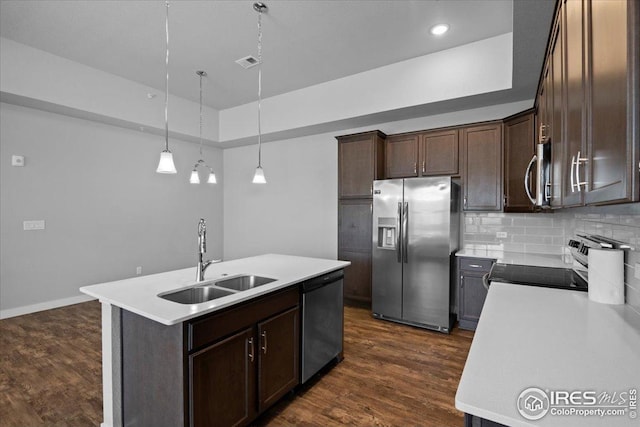 kitchen featuring a sink, a kitchen island with sink, stainless steel appliances, visible vents, and dark wood-style floors