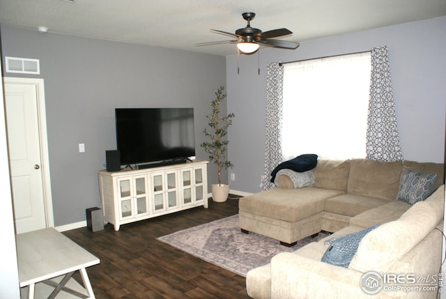 245 Swallow Rd, Johnstown, CO 80534 - living room featuring ceiling fan, wood finished floors, and baseboards