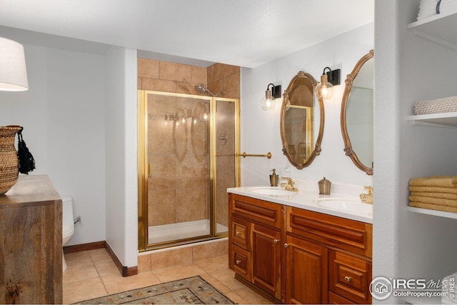 full bath featuring a sink, tile patterned floors, a stall shower, and toilet