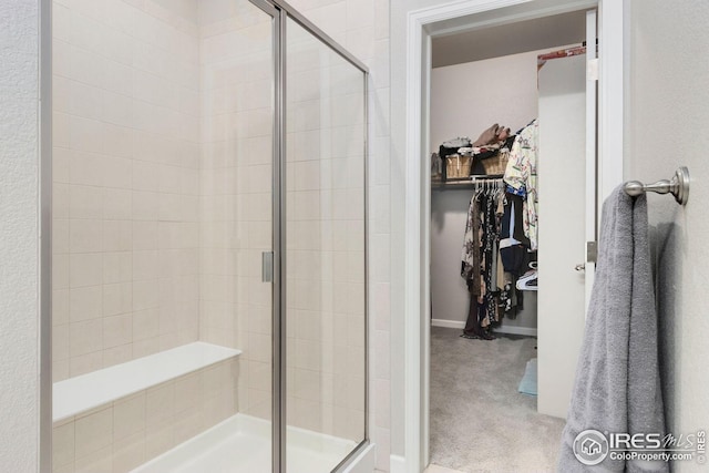 bathroom with baseboards, a stall shower, and a spacious closet