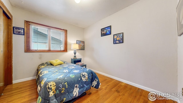bedroom featuring baseboards, wood finished floors, and a closet