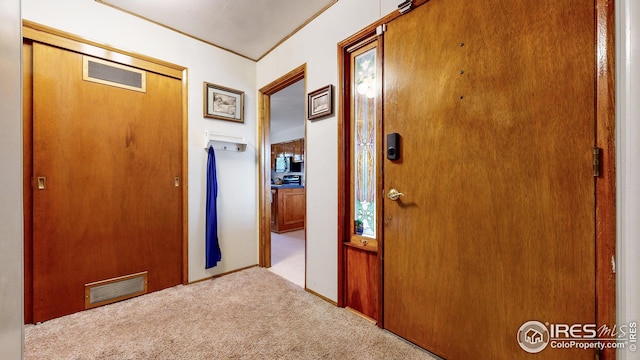foyer with carpet floors and visible vents