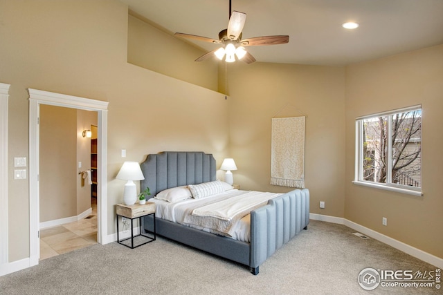 carpeted bedroom with high vaulted ceiling, recessed lighting, baseboards, a ceiling fan, and visible vents