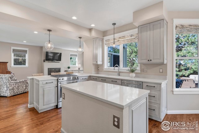 kitchen with a kitchen island, appliances with stainless steel finishes, wood finished floors, light countertops, and open floor plan