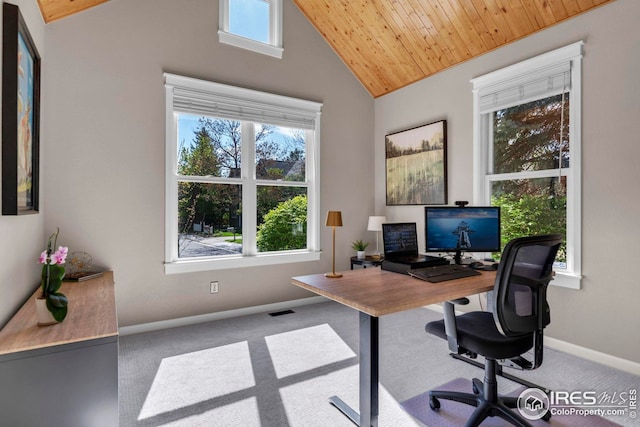 office area featuring wood ceiling, baseboards, carpet, and lofted ceiling