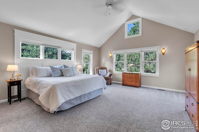 bedroom with high vaulted ceiling, baseboards, a ceiling fan, and carpet flooring