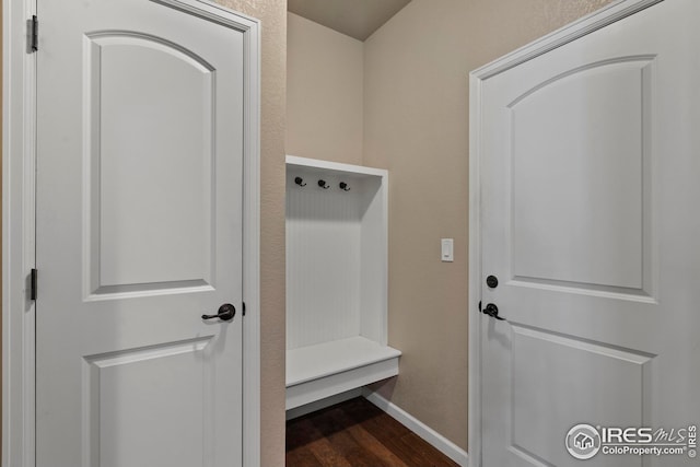 mudroom with baseboards and dark wood-type flooring