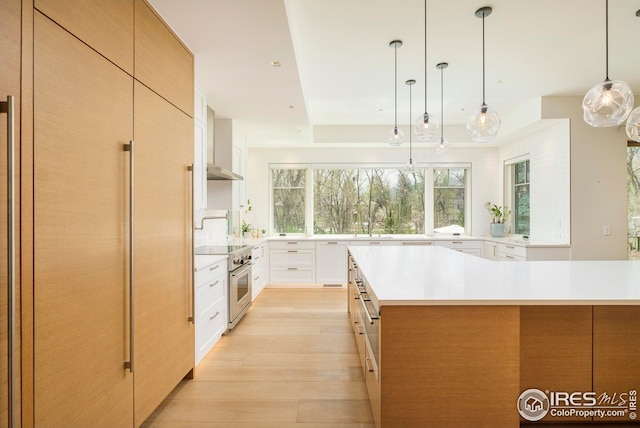 kitchen featuring light countertops, light wood-style flooring, high end stove, a tray ceiling, and pendant lighting