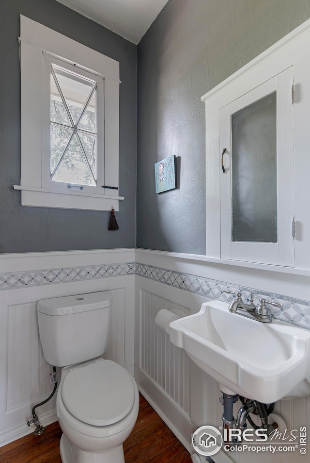 bathroom featuring wainscoting, a decorative wall, wood finished floors, toilet, and a sink