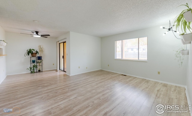 unfurnished living room with a ceiling fan, a textured ceiling, visible vents, and light wood-style floors