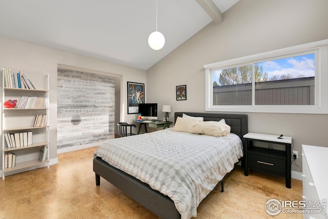 bedroom featuring baseboards, beam ceiling, and high vaulted ceiling