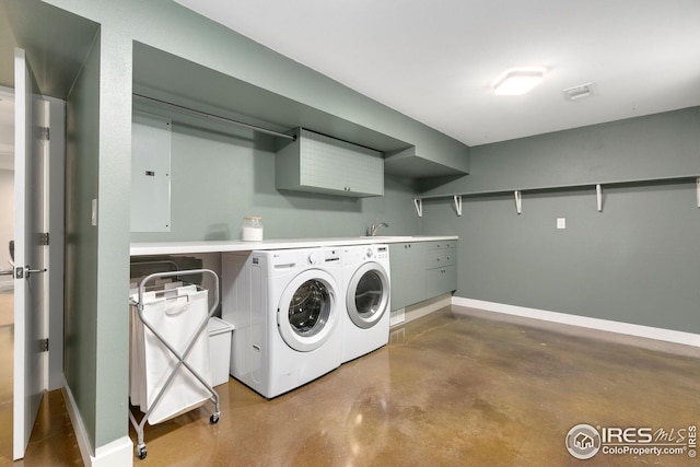 laundry room with electric panel, visible vents, cabinet space, baseboards, and separate washer and dryer