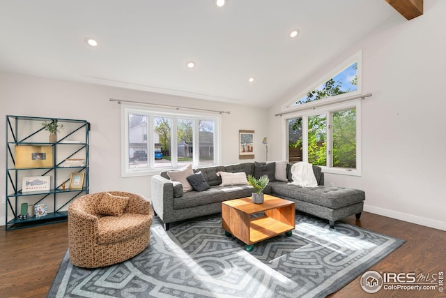 living area with recessed lighting, baseboards, wood finished floors, and vaulted ceiling