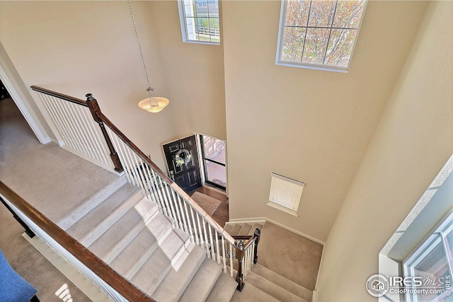 stairs featuring carpet floors and a towering ceiling