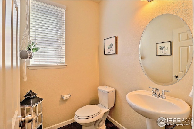 bathroom featuring baseboards, a sink, wood finished floors, and toilet