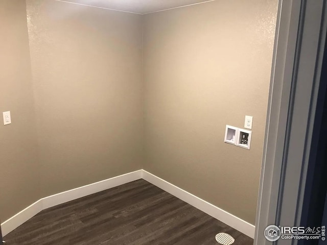 clothes washing area with laundry area, baseboards, washer hookup, and dark wood-style floors
